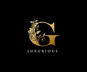 Fototapeta premium Golden G Letter Luxury Logo. Vintage Letter G With Floral Shape design perfect for fashion, Jewelry, Beauty Salon, Hotel Logo. Cosmetics, Spa Logo. Resort and Restaurant Logo. 