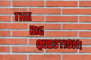 Word writing text The Big Question. Business photo showcasing great matter that requiring resolution or discussion Brick Wall art like Graffiti motivational call written on the wall