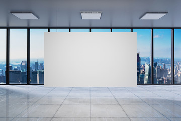 large modern office with loft windows skyline. horizontal poster/billboard/canvas hanging 3D Illustration