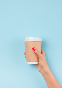 Cup Of Coffee To Go And Woman Hand With Manicure, Blue Pastel