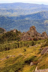 Unusual rocks in the mountains. Nature of mountain Sinyukha, the highest mountain Kolyvan ridge....