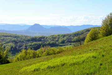 Apennines mountain landscape seen from the "Piana degli Ossi", a wide valley near Firenzuola, on the path of the Gods road or "la via degli Dei", in Italy