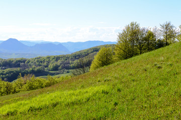 Apennines mountain landscape seen from the "Piana degli Ossi", a wide valley near Firenzuola, on the path of the Gods road or "la via degli Dei", in Italy