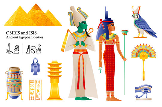 Ancient Egyptian god pharaoh Osiris goddess Isis icon set. Fan, vase, Djed pillar, knot, Deity Horus falcon, wadjet. 3d cartoon vector illustration. Old art from Egypt. Isolated on white backgroun
