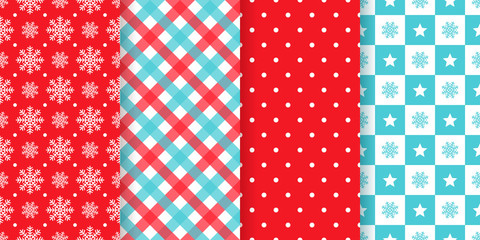 Christmas pattern. Geometric seamless background. Vector. Festive New year texture. Set holiday abstract textile prints with snowflakes, polka dots, stars and checkered. Red blue illustration