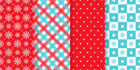 Christmas pattern. Geometric seamless background. Vector. Festive New year texture. Set holiday abstract textile prints with snowflakes, polka dots, stars and checkered. Red blue illustration
