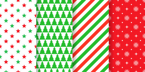 Christmas pattern. Seamless background. Vector. Holiday New year textures with stars, tree, candy cane and snowflake. Set festive geometric textile prints. Red green illustration