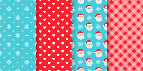 Christmas pattern. Seamless texture. Vector. Holiday Xmas, New year backgrounds with snowflake, stars, heart, Santa and checkered. Set festive geometric textile prints. Red blue illustration