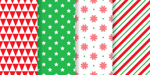 Christmas pattern. Vector. Holiday seamless texture wrapping paper. Xmas, New year geometric background with triangle, star, snowflake, candy cane. Set festive textile prints. Red green illustration