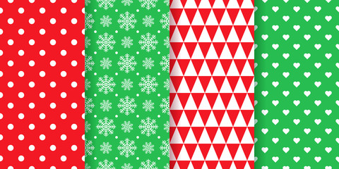 Christmas pattern. Vector. Xmas, New year seamless texture wrapping paper. Holiday geometric background with polka dots, snowflake, triangle, heart. Set festive textile prints. Red green illustration