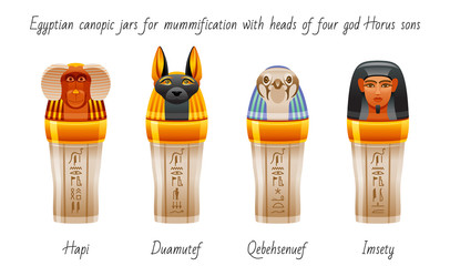 Ancient Egyptian canopic jars used for mummification to preserve viscera. Afterlife symbol icon set. Four sons of Horus heads design. 3d vector illustration, old Egypt art. Isolated white background