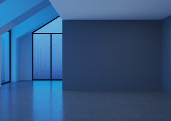 Modern house interior. Empty room. Evening lighting. 3D rendering.