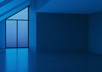 Modern house interior. Empty room. Evening lighting. 3D rendering.