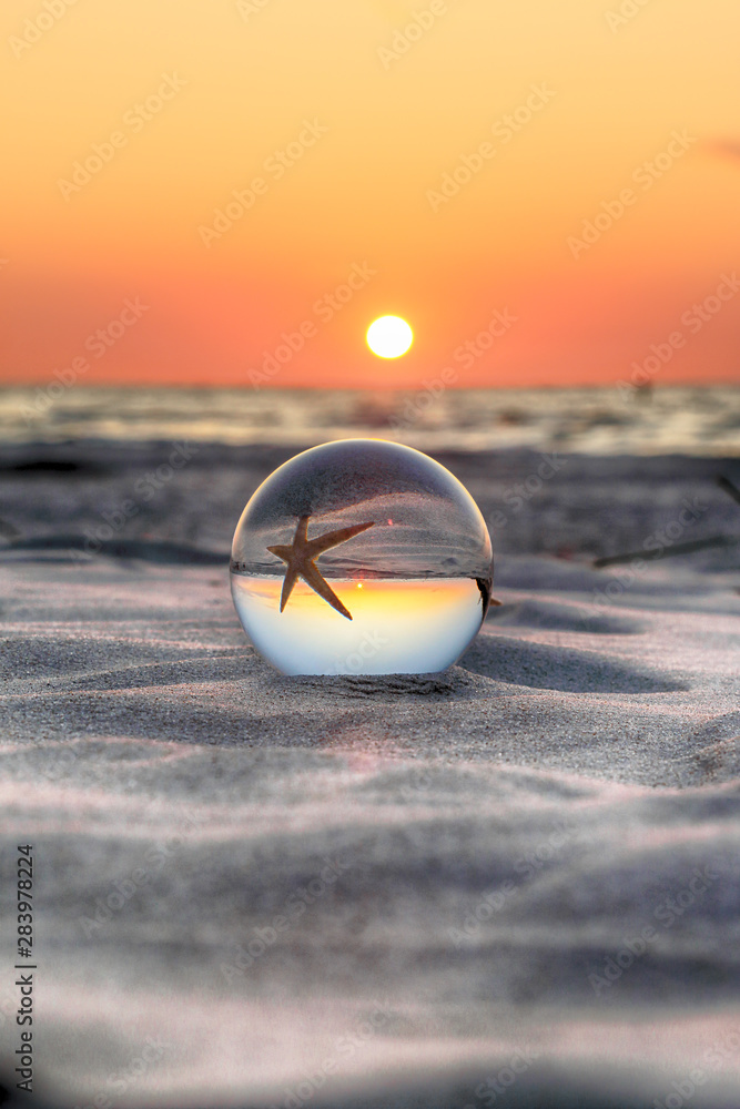 Wall mural Beautiful sunset on the beach in Slowinski National Park near Leba, Poland. View of a starfish through a glass, crystal ball (lensball) for refraction photography. Wild, untouched nature.