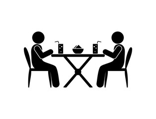people sit in a restaurant, have lunch, sticks figure human silhouettes, cafe illustration, drinks on the table, man icon
