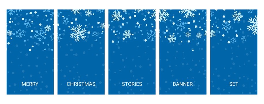 Social media stories banners set, story, texture with falling handdrawn snowlakes, templates for cover, flyier, brochure, vector trendy backgrounds collection.