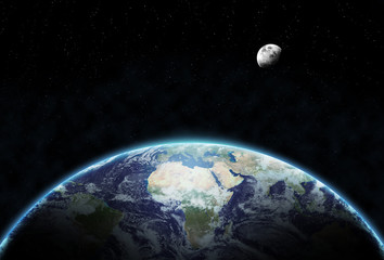 Earth, Moon with and Galaxy. Space background. Galaxy in deep space universe. Elements of this image furnished by NASA.