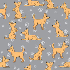 Seamless pattern dog and paw print on a gray background.