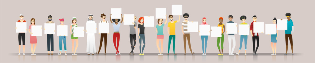 Group of young people holding empty boards , vector , illustration
