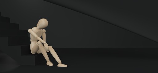 Image of psychosomatic disorders. A model of a man of wood sitting on a ladder in a dark abstract room. The concept of depression, stress, loss of strength, lack of initiative, no ideas. 3D rendering.