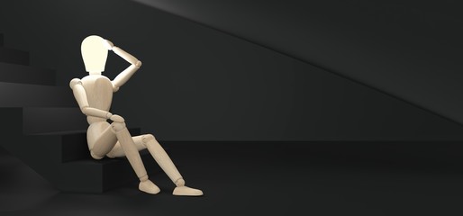 Creative idea, innovation. A model of a man made of wood with a light bulb instead of a head sitting on stairs in a dark abstract room. The concept of an idea, a burst of energy, innovation. 3D render