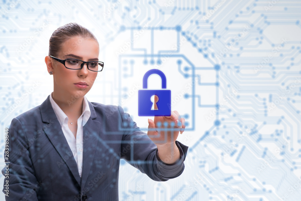 Poster man in digital security concept pressing button