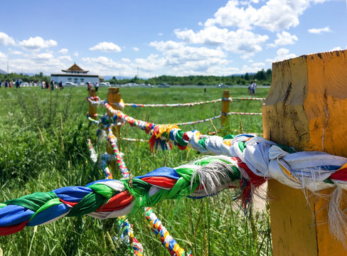 Khata is a traditional ceremonial scarves in tengrism and Tibetan Buddhism in Republic of Tuva. Bound scarves enclose the sacred site of the ruined Ustuu Huree temple