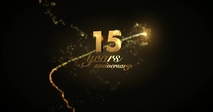 15 years anniversary motion graphic 4K footage with golden sparkling trail, particles and number. Background with alpha channel