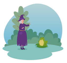 old woman witch with magic wand and frog