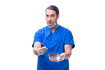 Young handsome doctor with syringe isolated on white