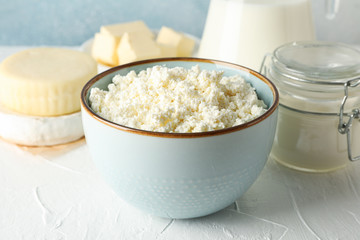 Different dairy products on white background, close up