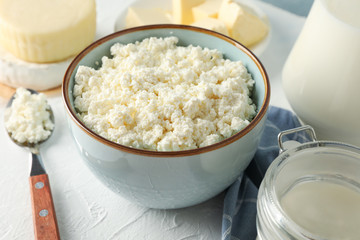 Different dairy products on white background, close up