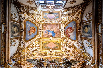 Frescoed ceiling of the Church of San Salvatore Trasfigurato. Camaldoli monastery, Tuscany, Italy.