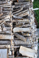 Firewood dry firewood in a pile for furnace kindling. Rustic background of logs