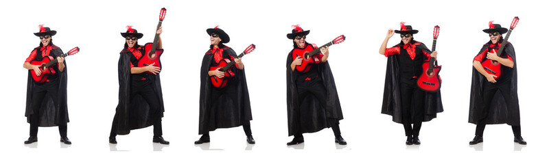 Young man in carnival coat with guitar isolated on white