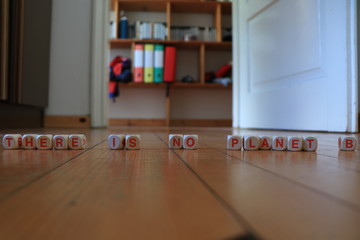 Fototapeta na wymiar Wooden orange and white letters dice forming the slogan 'THERE IS NO PLANET B' on wood background. Sentences against global warming, banner