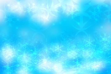 Abstract blurred festive light blue winter christmas or Happy New Year background with shiny blue and white bokeh lighted snowflakes and stars. Space for your design. Card concept.