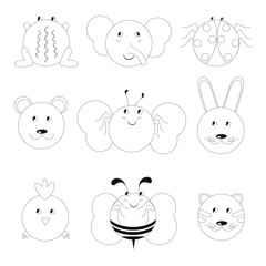 Animal icon set. Cartoons line design monochrome frog elephant ladybug bear butterfly rabbit chicken bee cat stock vector illustration for web, for print