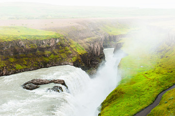 Gullfoss waterfall in foggy day, Iceland. Summer landscape
