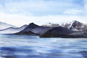 Abstract watercolor landscape. High mountains in a light haze. Snow peaks. A lake, river or sea with a smooth water surface. Light blue sky. Hand-drawn watercolor illustration