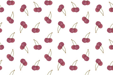 Red cherries seamless pattern isolated on the white background, hand drawn watercolor illustration, herbal decorative texture, repeat ornament