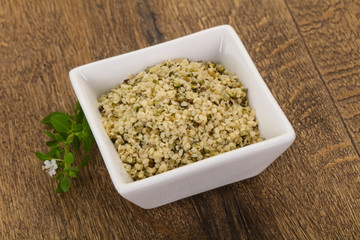 Peeled hemp seeds in the bowl