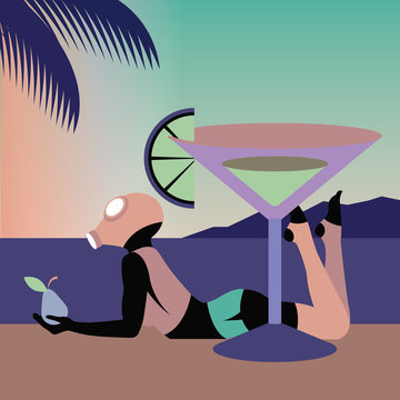 Big cocktail glas and woman relaxing on the beach