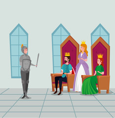 Fototapeta premium king and queen sitting in the chairs with princess and prince