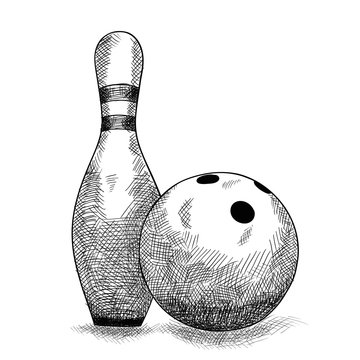 Items For Bowling One Ball And Three Skittles. Pencil Sketch.