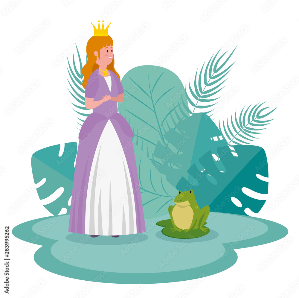 Sticker girl princess with frog and leaves with branches plants