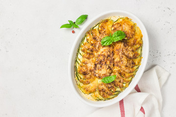 Zucchini chicken bake. top view, copy space.
