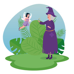 Obraz na płótnie Canvas old woman witch and girl fairy flying