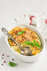 Zucchini cheese turkey casserole.Selective focus, copy space.