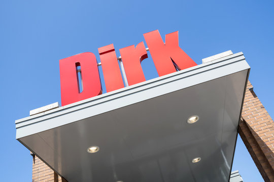 KATWIJK AAN ZEE, THE NETHERLANDS - June 20, 2018: Dirk sign at branch. Dirk van den Broek is a Dutch retail company and a member of Superunie, a Dutch purchasing organization for supermarkets.